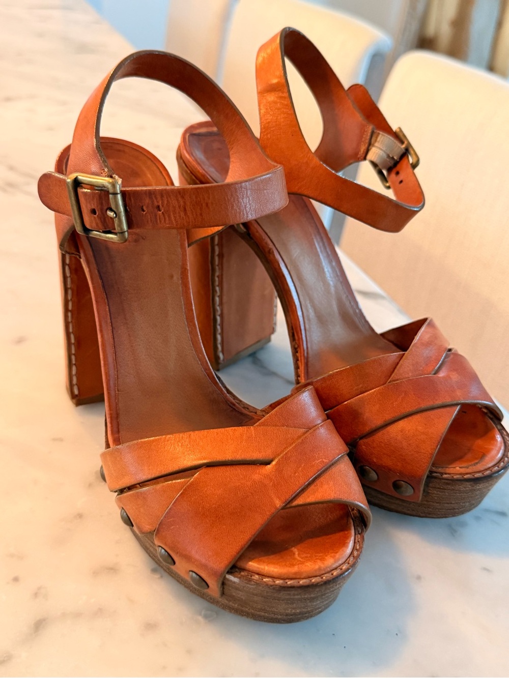 Chloe Cognac Leather Platform Sandals with Ankle Strap